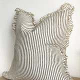 Ruffled Olive Stripe Cushion | Linen | Complete with Feather Inner