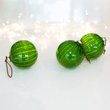 green glass baubles with ribbed detail