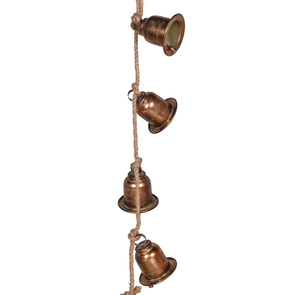 A stunning garland featuring 5 brass bells hung on a rustic style rope complete with hooks either end.