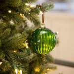 green glass baubles with ribbed detail