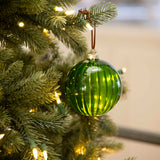 green glass baubles with ribbed detail