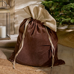 Gift sack made with coffee-coloured velvet and rustic linen, filled and closed with linen drawstring