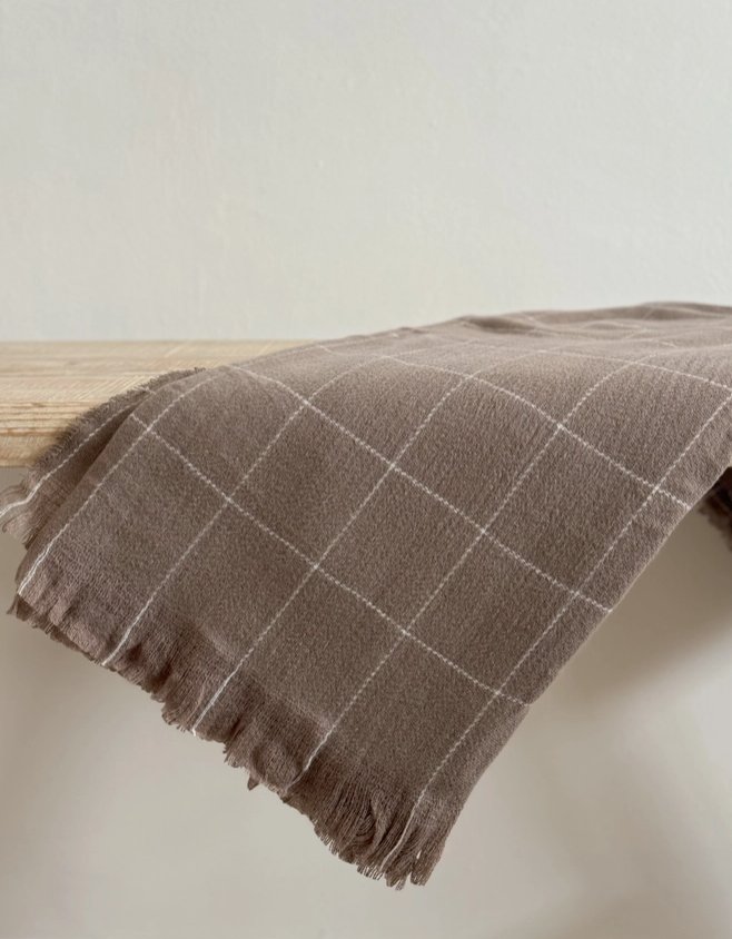 Brown throw blanket with a rustic checkered pattern