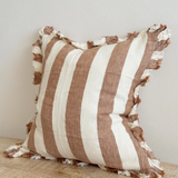 A beautiful linen cushion in a rich rust stripe pattern colour featuring ruffled edges.