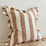 A beautiful linen cushion in a rich rust stripe pattern colour featuring ruffled edges.