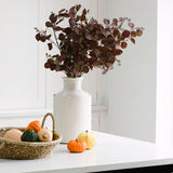 A beautiful seeded burgundy eucalyptus bouquet in a white ceramic vase